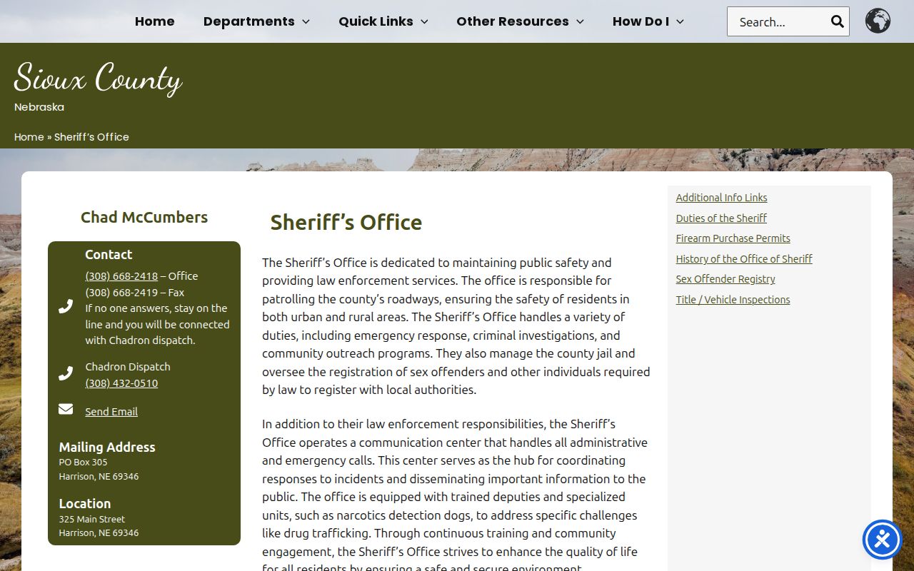 Sioux County arrest records contact on the official sheriff page