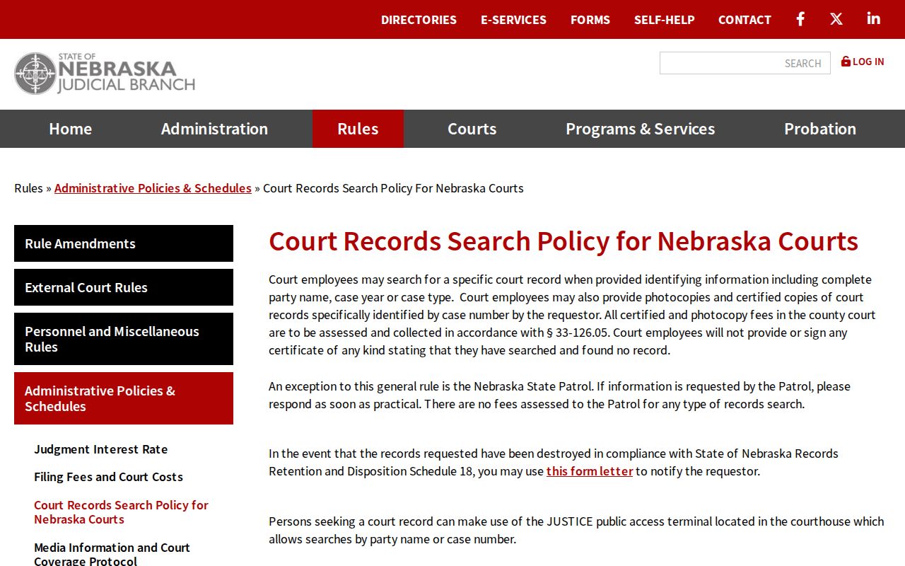 Nebraska policy for Sioux County criminal court case access