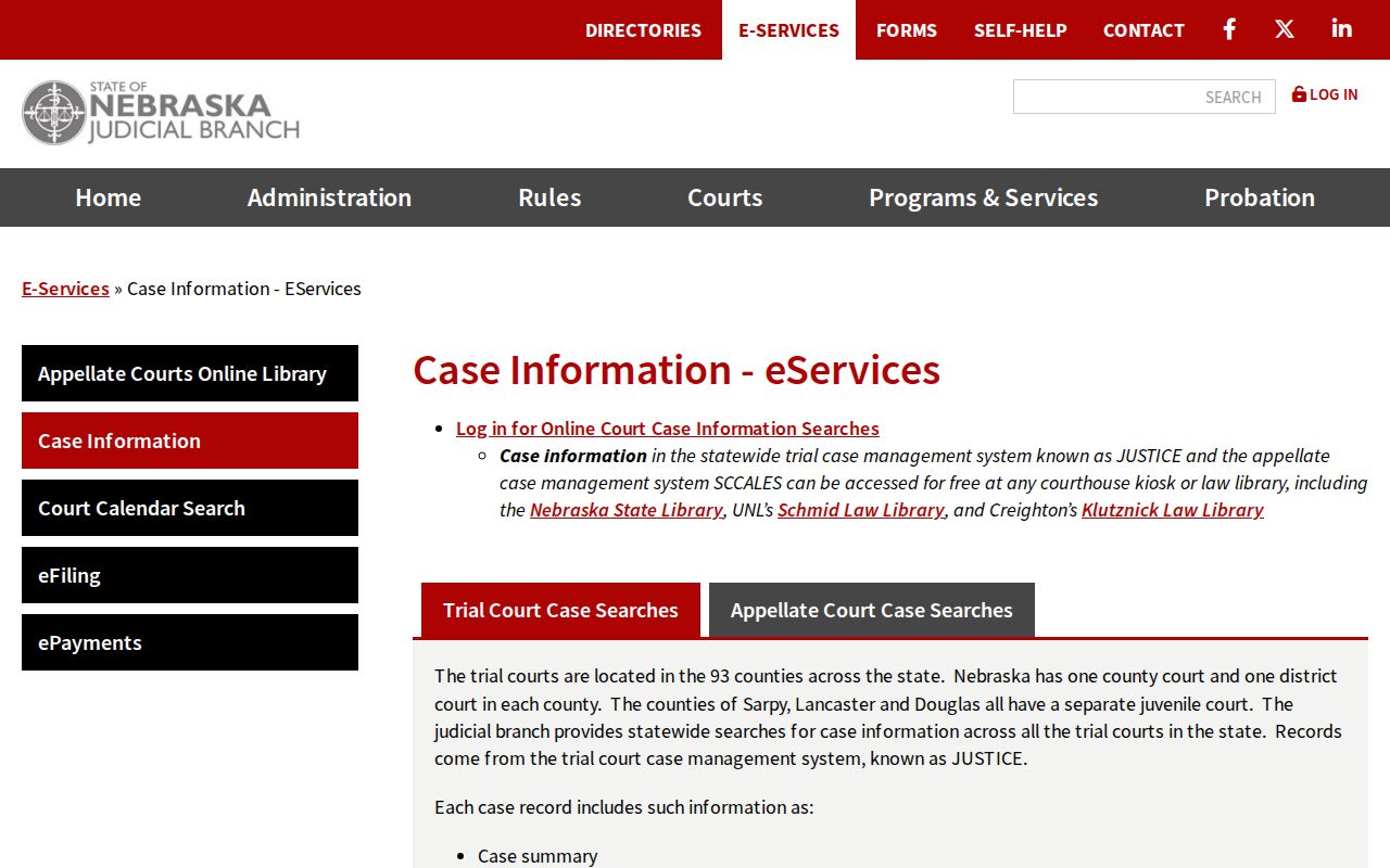 Sioux County court case lookup through Nebraska JUSTICE eServices