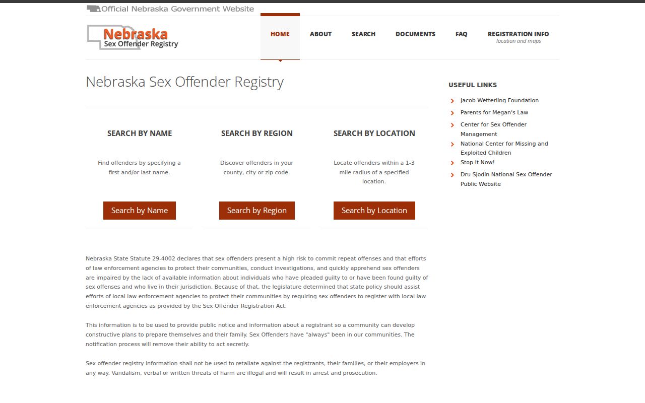 Official Nebraska registry interface for a Sioux County sex offender lookup