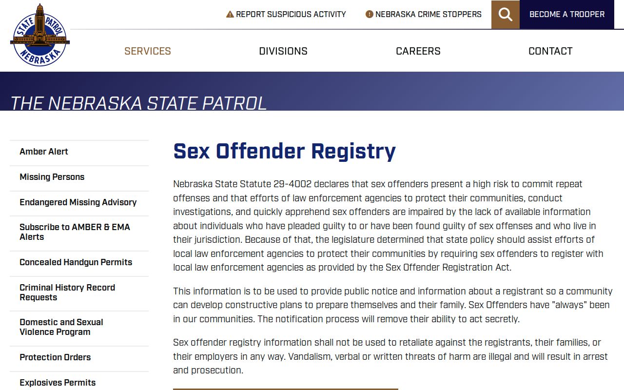 Sioux County sex offender registry warning and Nebraska State Patrol resources